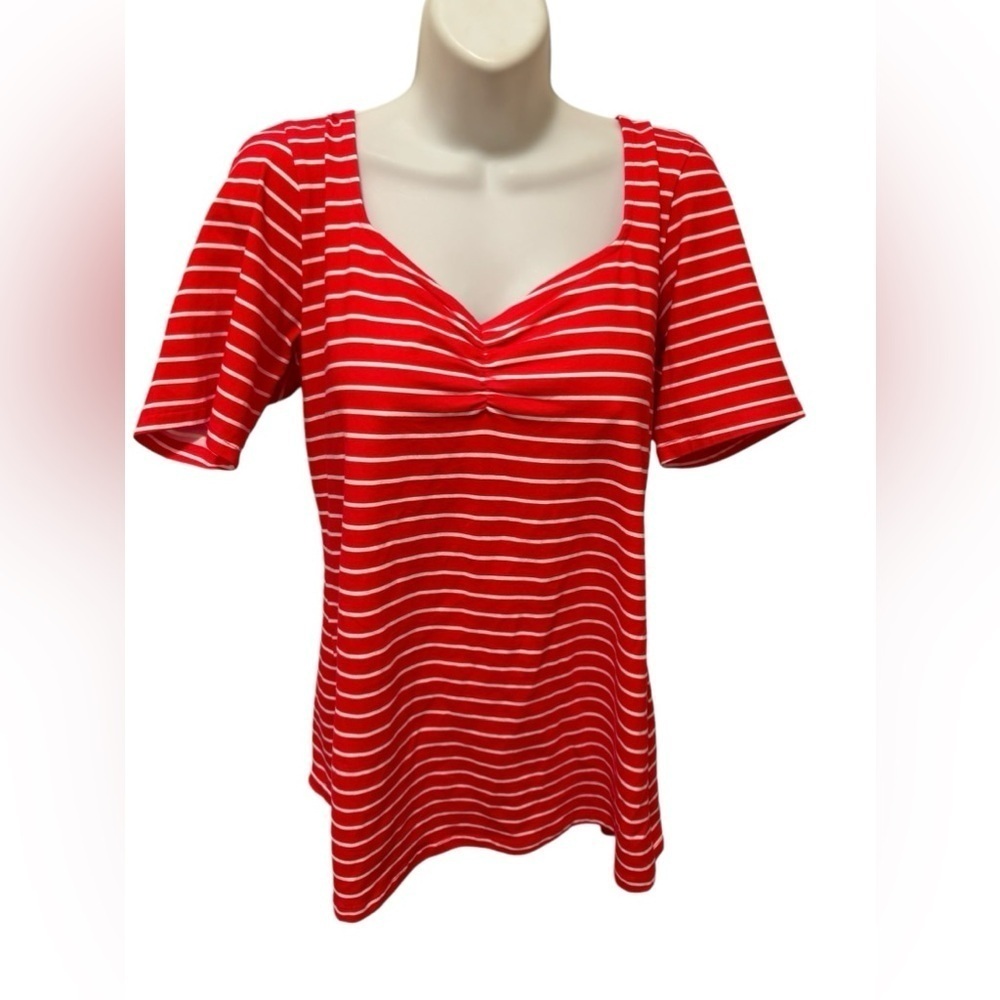 Torrid Foxy Ruched Sweetheart Neckline Top 1X-14-16 Red White Stripe Stretch Tee